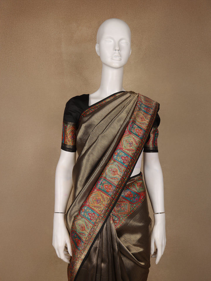 Brown Floral Design Print Silk Saree - Diadem