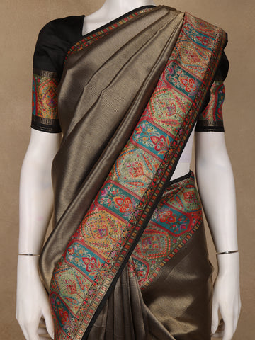 Brown Floral Design Print Silk Saree - Diadem