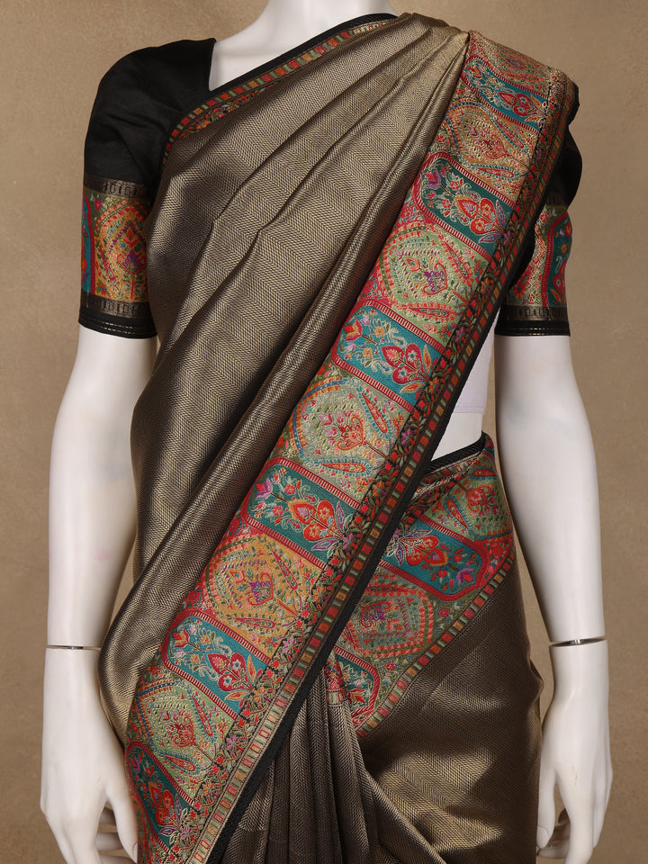 Brown Floral Design Print Silk Saree - Diadem