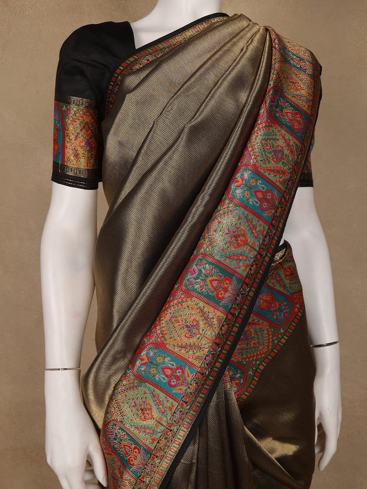 Brown Floral Design Print Silk Saree - Diadem