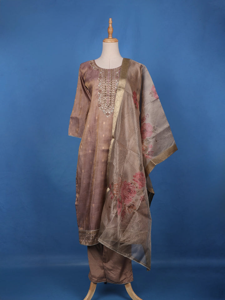 Brown Floral Design Printed Organza Salwar Suit - Diadem