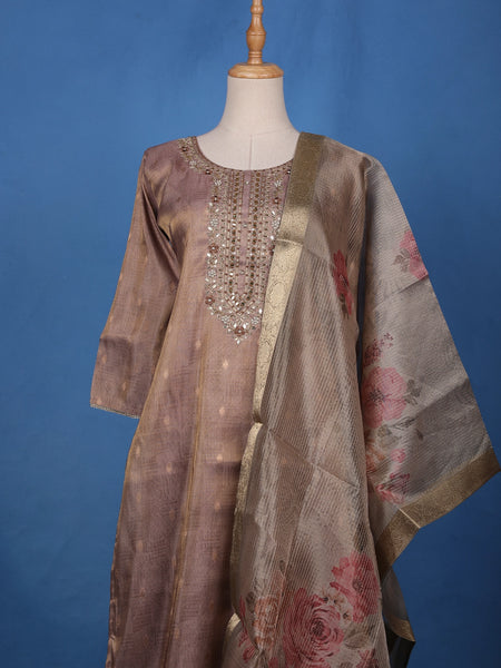 Brown Floral Design Printed Organza Salwar Suit - Diadem
