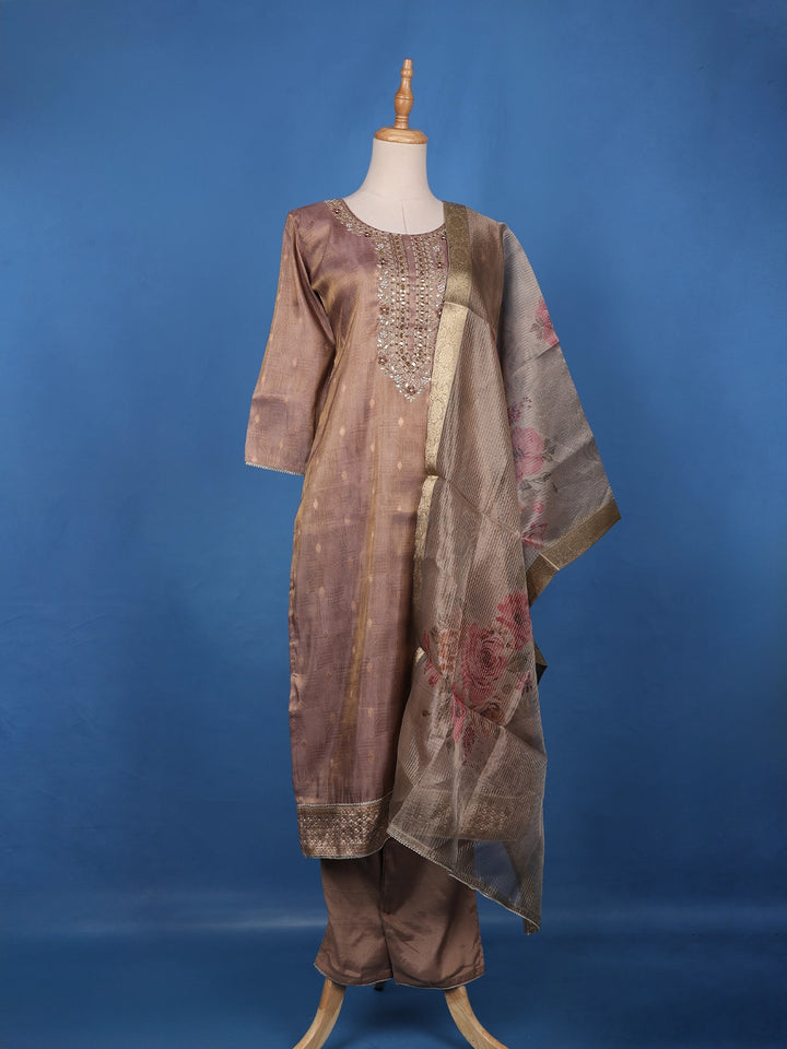Brown Floral Design Printed Organza Salwar Suit - Diadem
