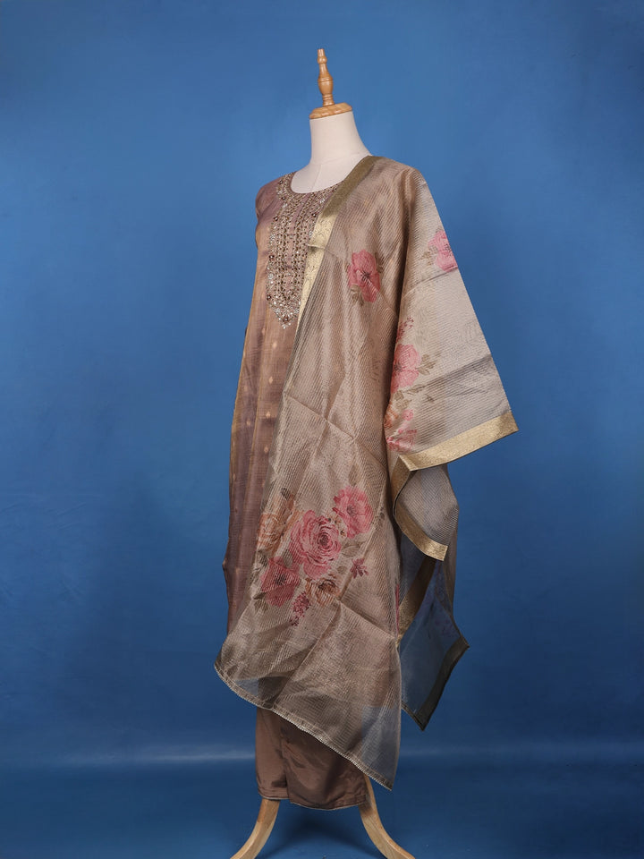 Brown Floral Design Printed Organza Salwar Suit - Diadem