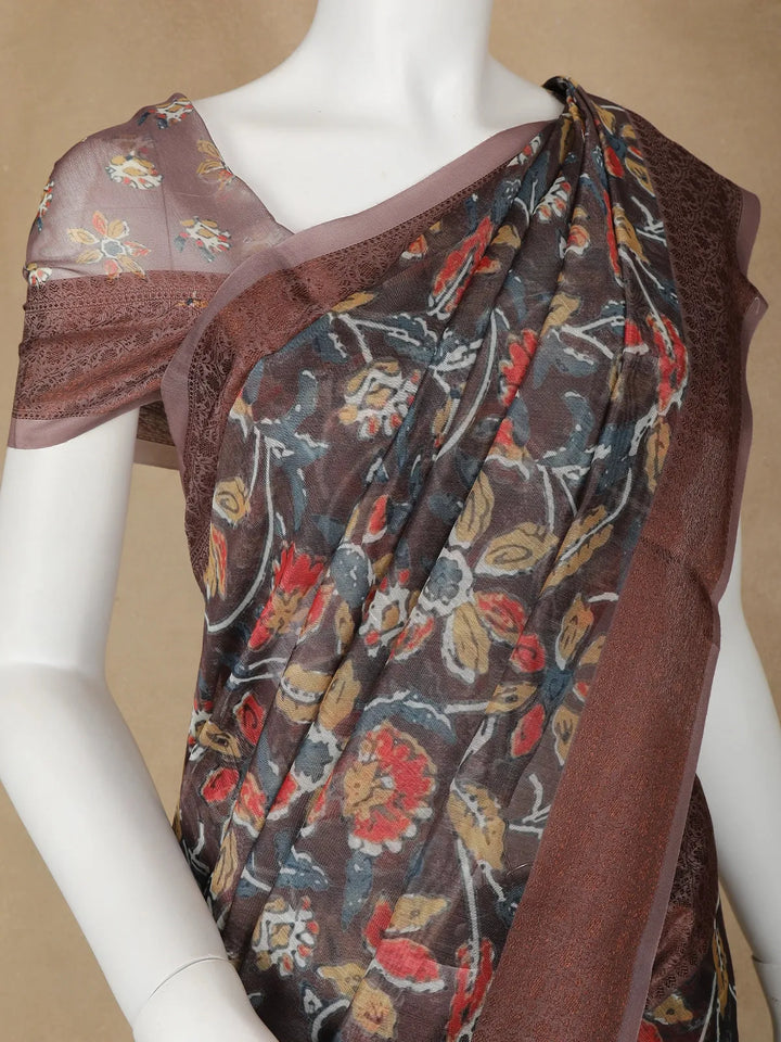 Brown Floral Designed Chanderi Cotton Saree - Diadem