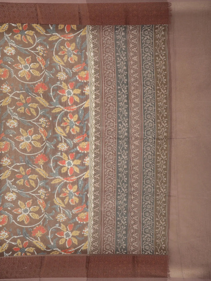 Brown Floral Designed Chanderi Cotton Saree - Diadem