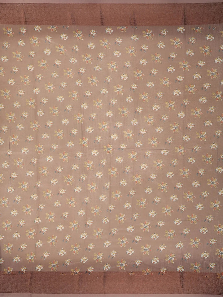 Brown Floral Designed Chanderi Cotton Saree - Diadem