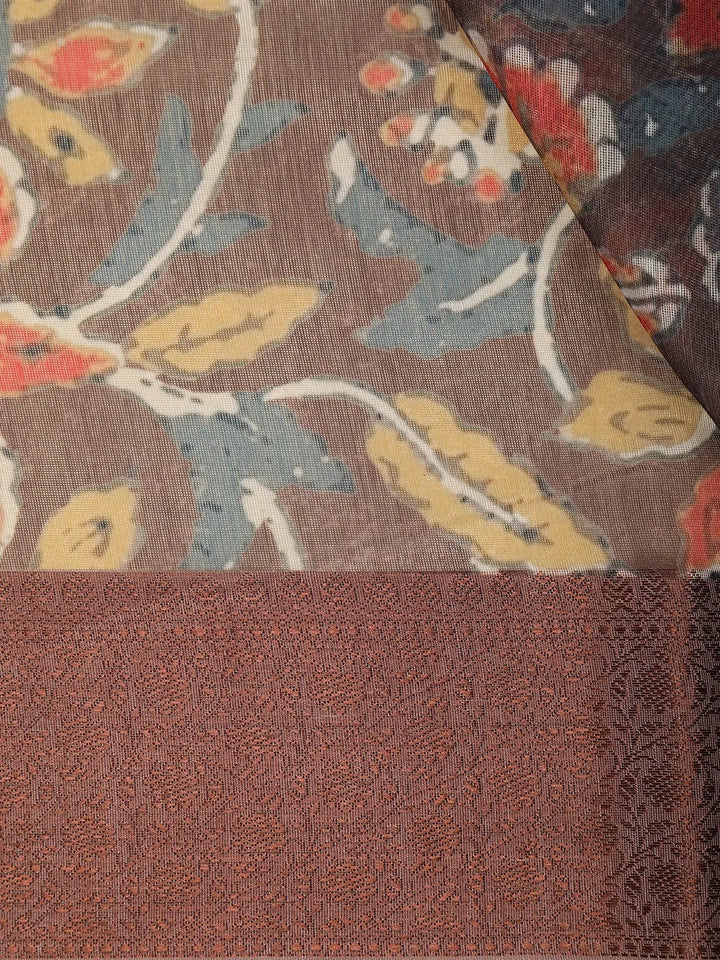 Brown Floral Designed Chanderi Cotton Saree - Diadem