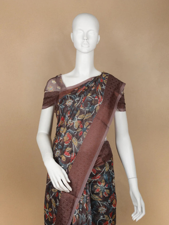 Brown Floral Designed Chanderi Cotton Saree - Diadem
