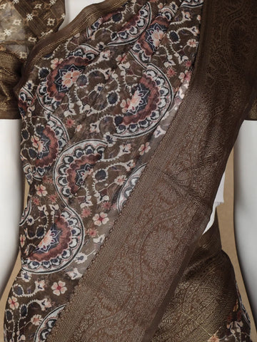 Brown Floral Designed Chanderi Cotton Saree - Diadem