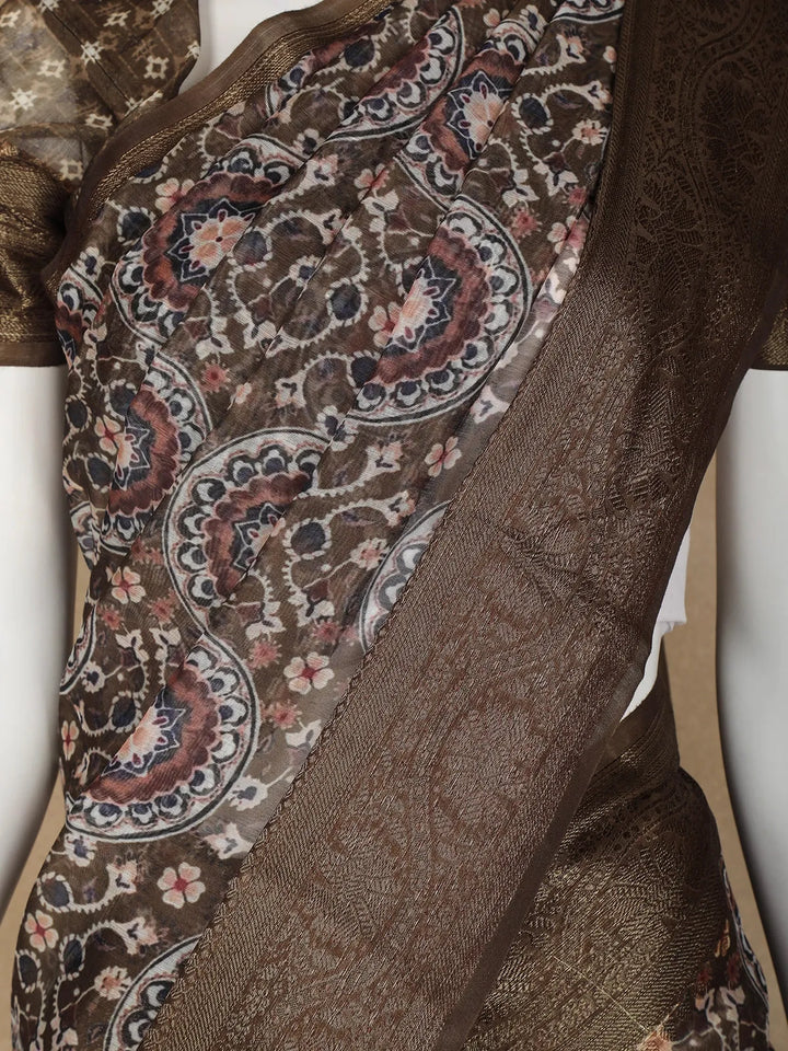 Brown Floral Designed Chanderi Cotton Saree - Diadem
