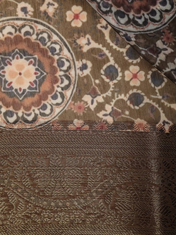 Brown Floral Designed Chanderi Cotton Saree - Diadem