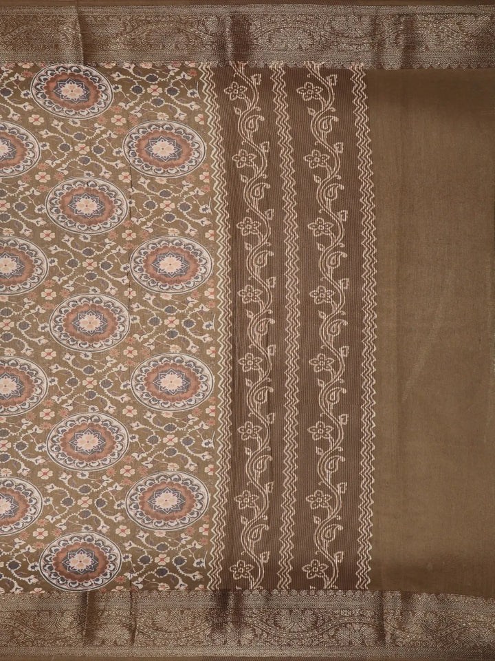 Brown Floral Designed Chanderi Cotton Saree - Diadem