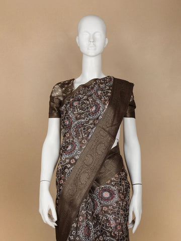 Brown Floral Designed Chanderi Cotton Saree - Diadem