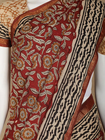 Brown Floral Designed Chanderi Cotton Saree - Diadem