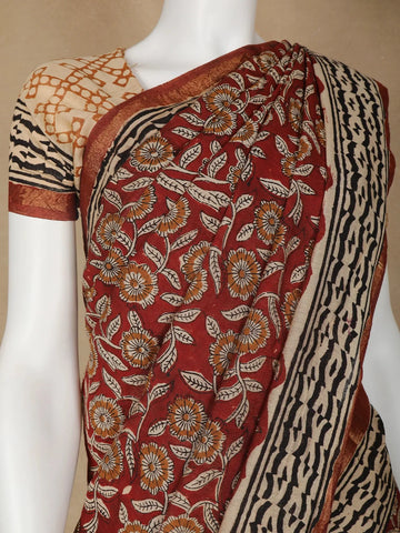 Brown Floral Designed Chanderi Cotton Saree - Diadem