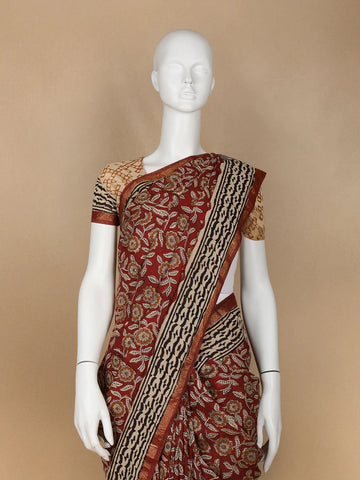 Brown Floral Designed Chanderi Cotton Saree - Diadem