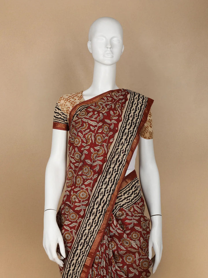 Brown Floral Designed Chanderi Cotton Saree - Diadem