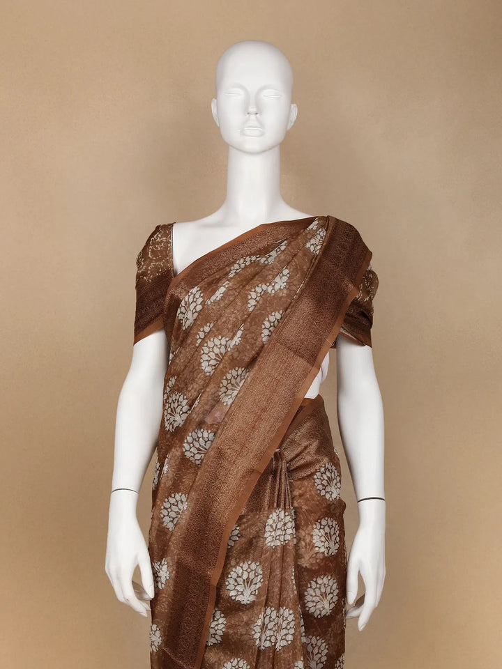 Brown Floral Designed Chanderi Cotton Saree - Diadem