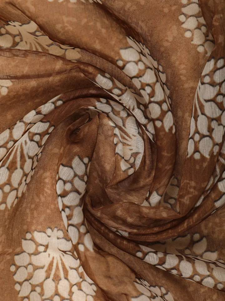 Brown Floral Designed Chanderi Cotton Saree - Diadem
