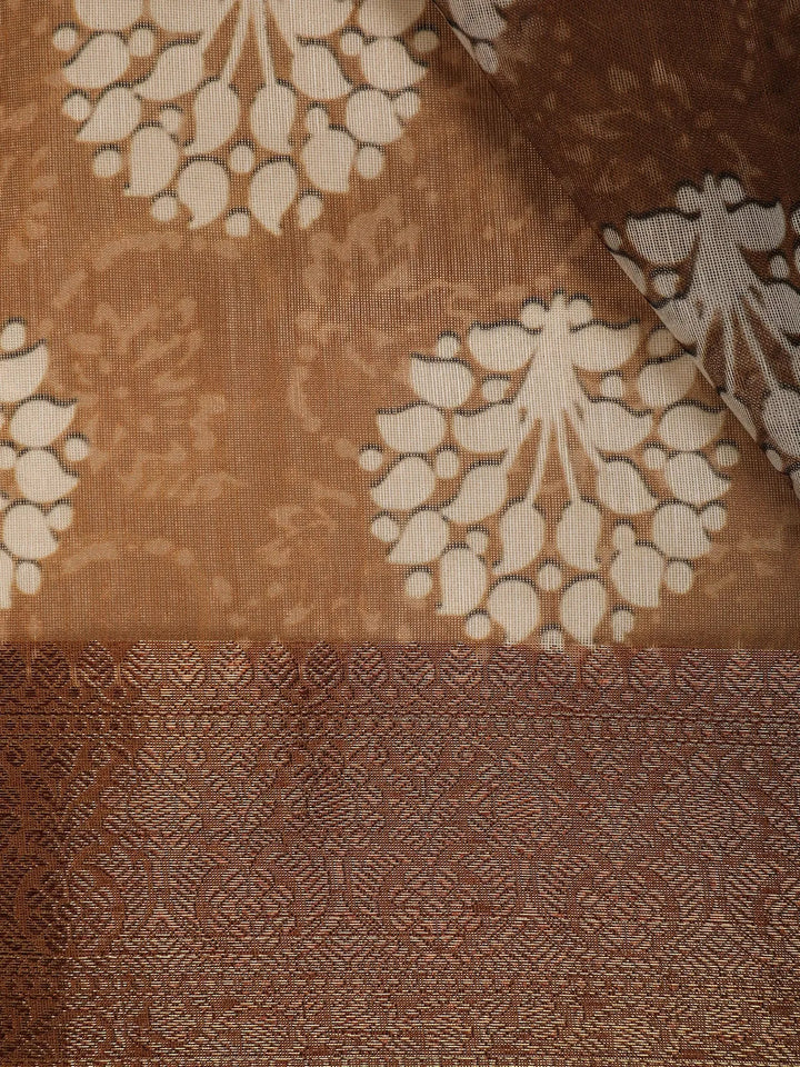 Brown Floral Designed Chanderi Cotton Saree - Diadem