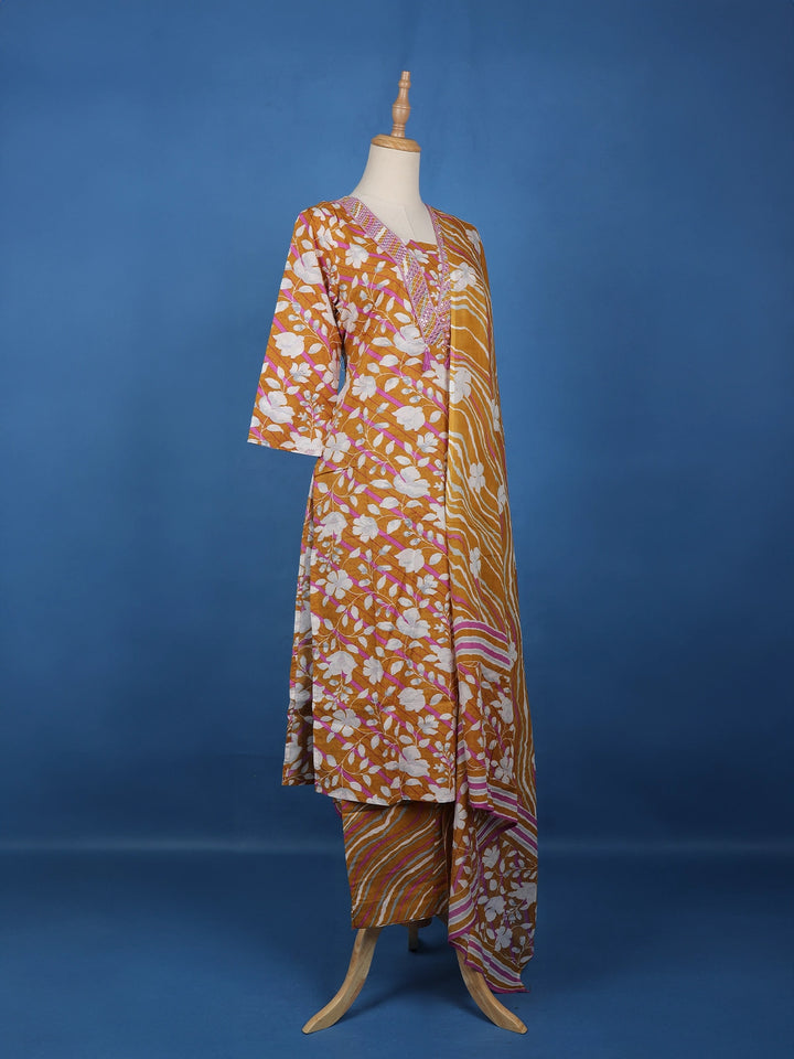 Brown Floral Designed Cotton Salwar Suit - Diadem
