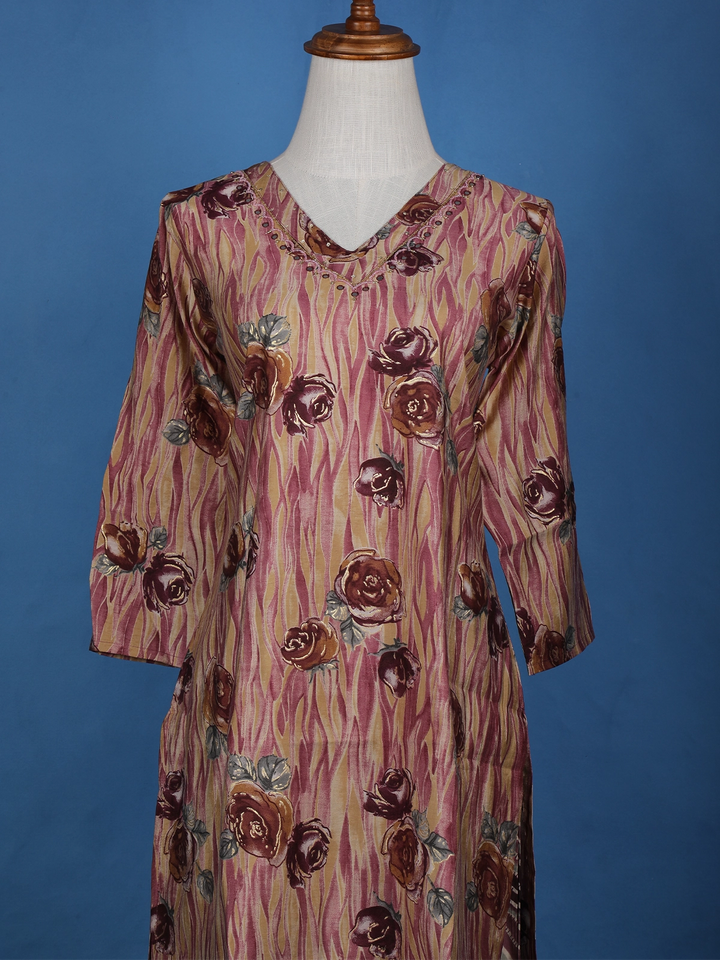Brown Floral Designed Cotton Salwar Suit - Diadem