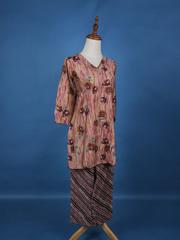 Brown Floral Designed Cotton Salwar Suit - Diadem