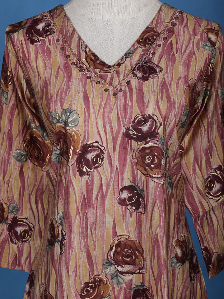 Brown Floral Designed Cotton Salwar Suit - Diadem
