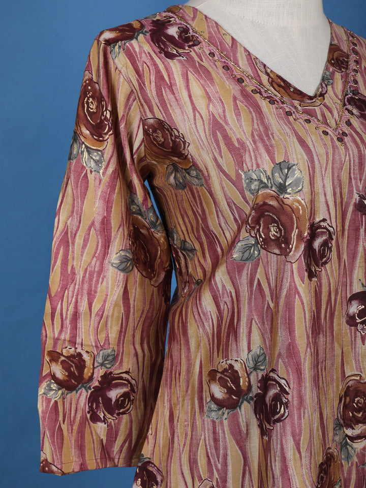 Brown Floral Designed Cotton Salwar Suit - Diadem