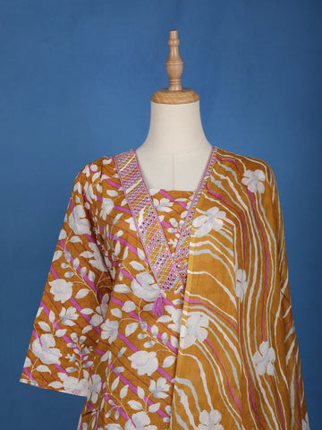 Brown Floral Designed Cotton Salwar Suit - Diadem