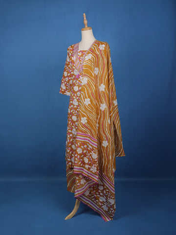 Brown Floral Designed Cotton Salwar Suit - Diadem