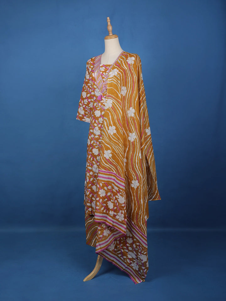 Brown Floral Designed Cotton Salwar Suit - Diadem