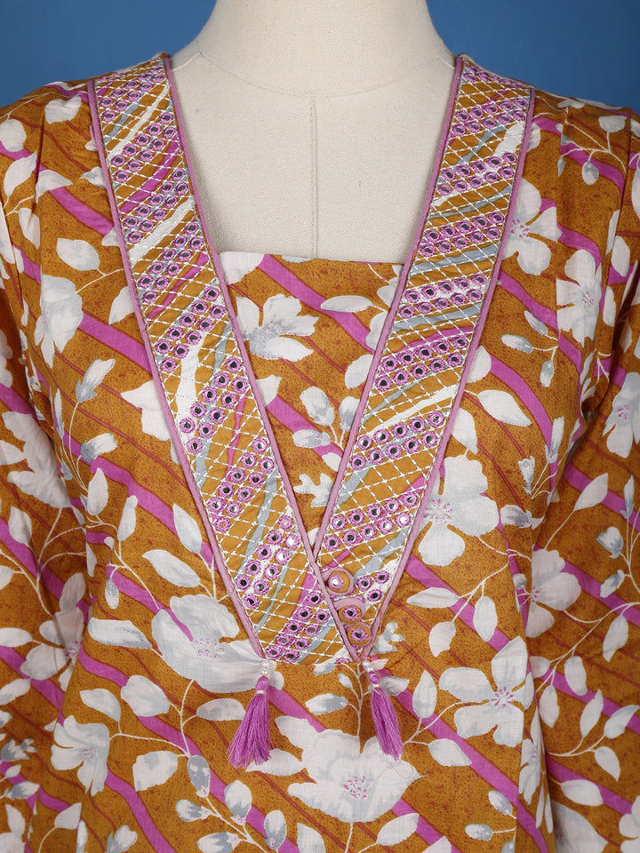 Brown Floral Designed Cotton Salwar Suit - Diadem