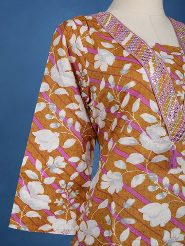 Brown Floral Designed Cotton Salwar Suit - Diadem