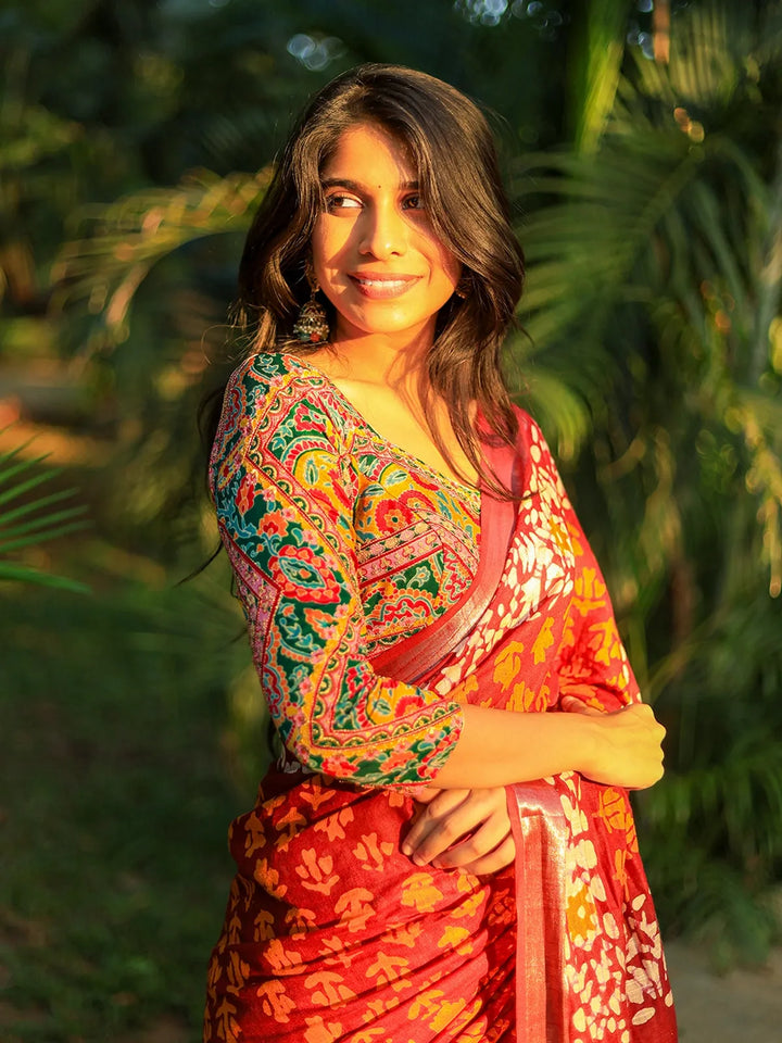 Brown Floral Designed Cotton Saree - Diadem