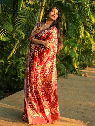Brown Floral Designed Cotton Saree - Diadem