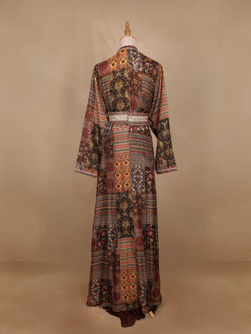 Brown Floral Designed Crepe Gown with Jacket - Diadem