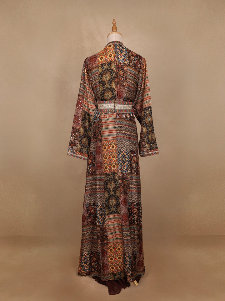 Brown Floral Designed Crepe Gown with Jacket - Diadem