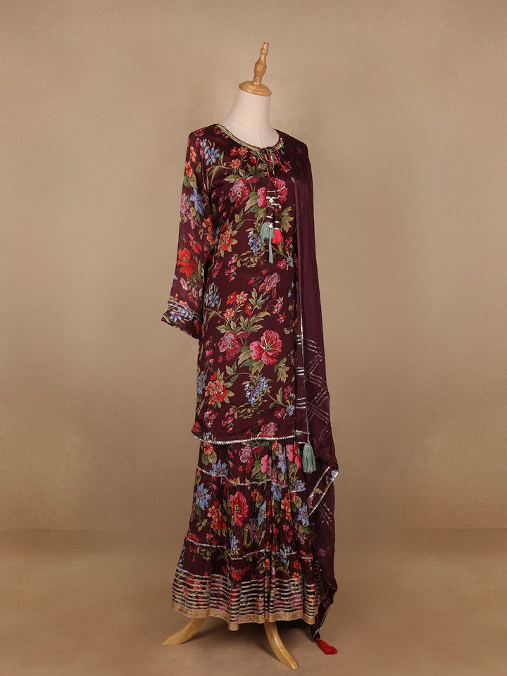 Brown Floral Designed Crepe Sharara salwar Suit - Diadem