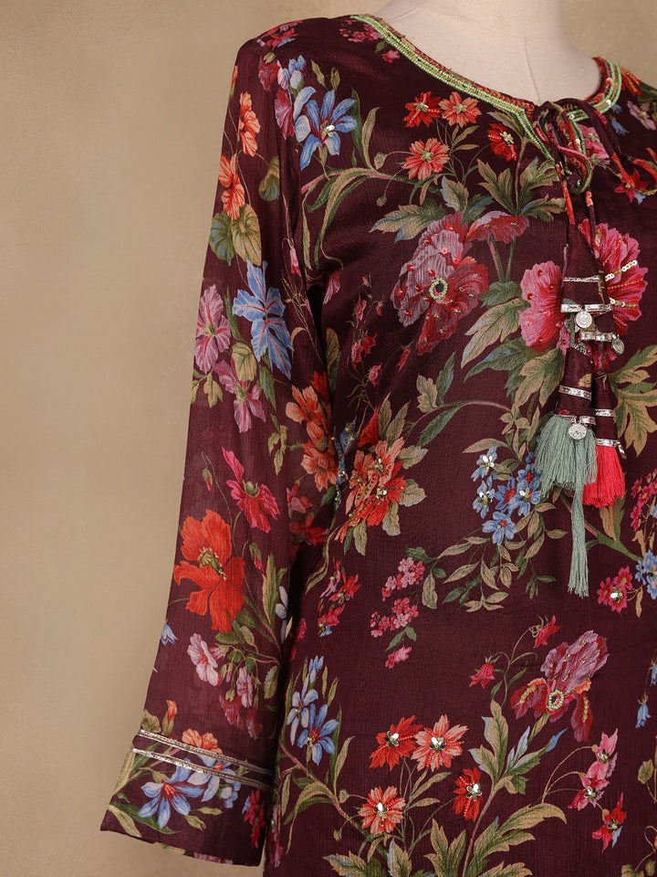Brown Floral Designed Crepe Sharara salwar Suit - Diadem
