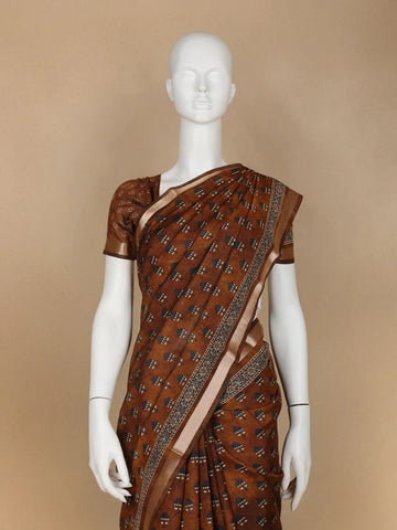 Brown Floral Designed Crepe Silk Saree - Diadem