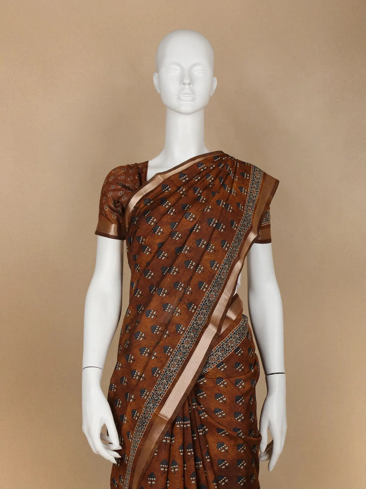 Brown Floral Designed Crepe Silk Saree - Diadem
