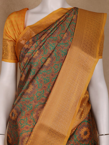 Brown Floral Designed Kora Printed Saree - Diadem
