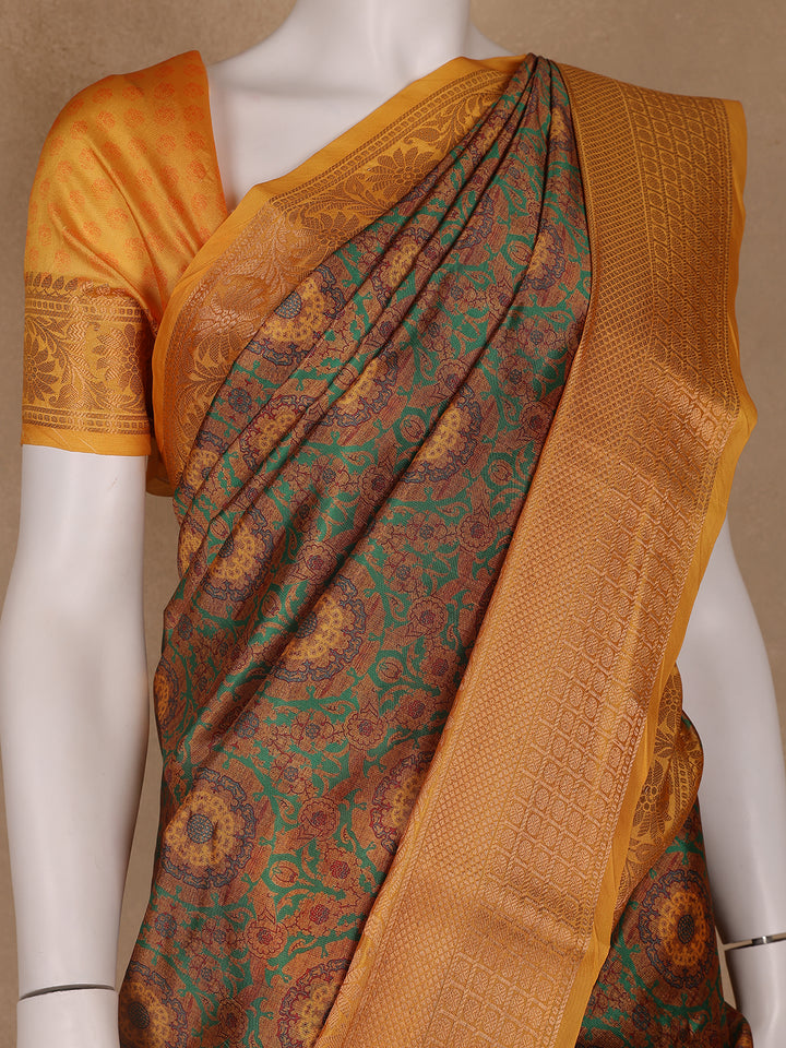 Brown Floral Designed Kora Printed Saree - Diadem