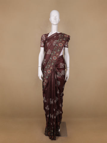 Brown Floral Designed Raw Silk Saree - Diadem