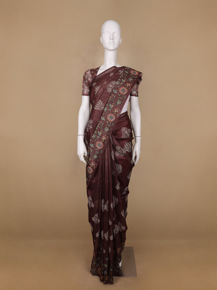 Brown Floral Designed Raw Silk Saree - Diadem