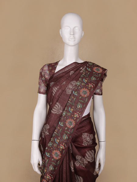 Brown Floral Designed Raw Silk Saree - Diadem