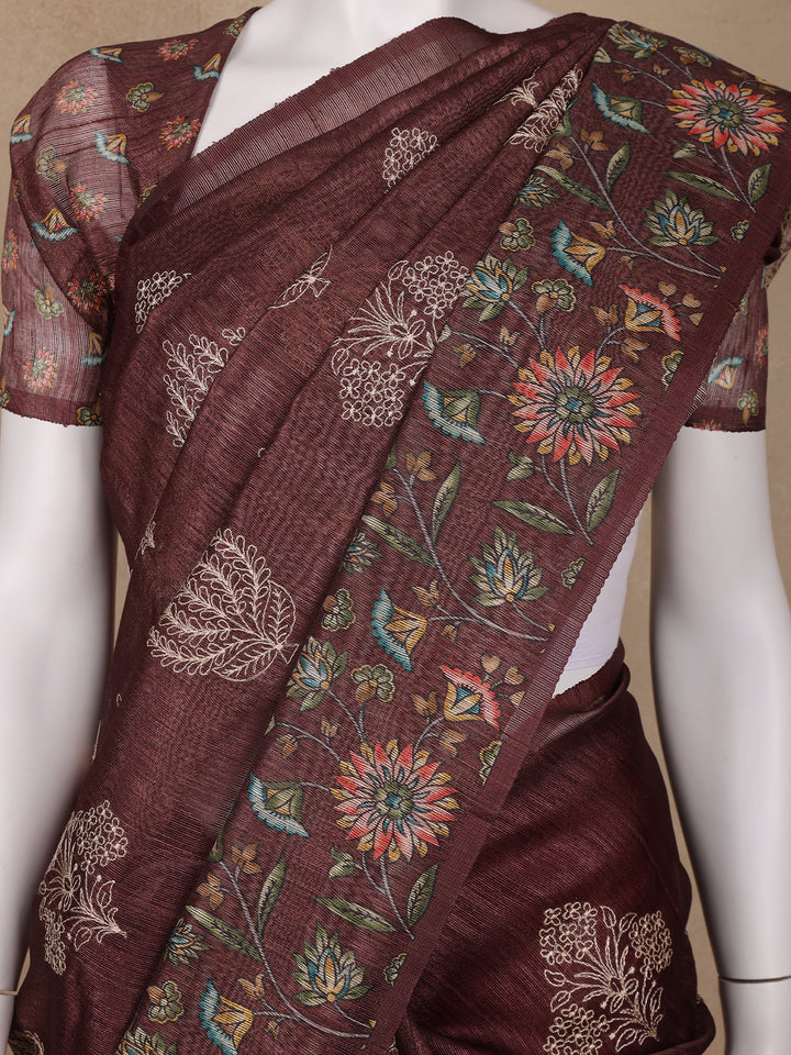 Brown Floral Designed Raw Silk Saree - Diadem
