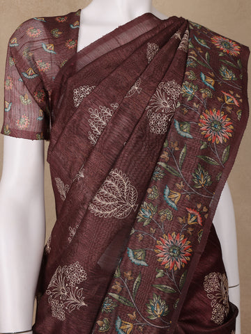 Brown Floral Designed Raw Silk Saree - Diadem